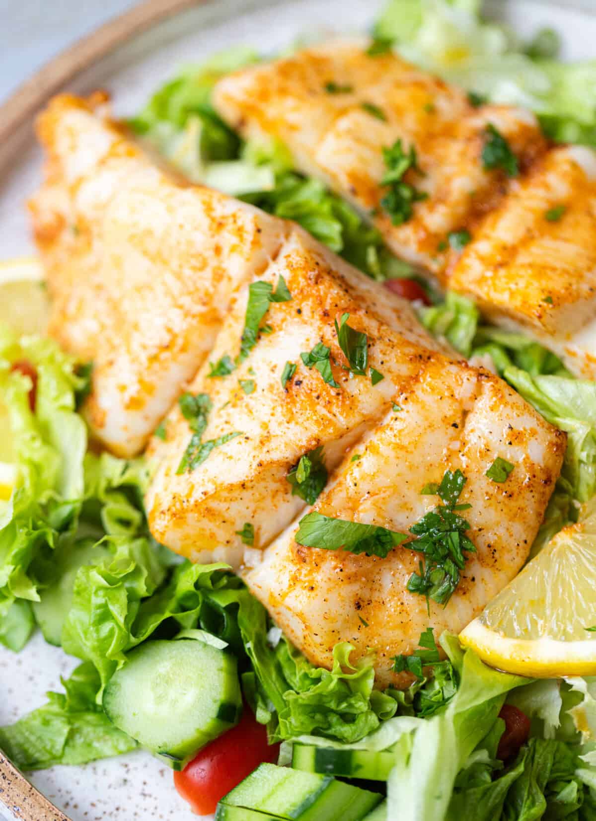 Baked halibut fillet served on top of a fresh green salad with lemon wedge