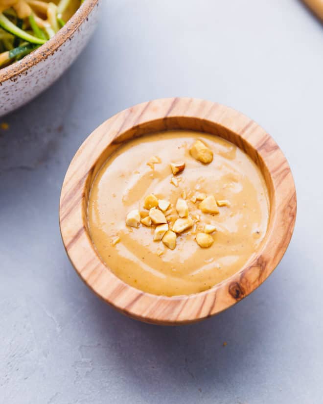 peanut sauce in a wooden bowl