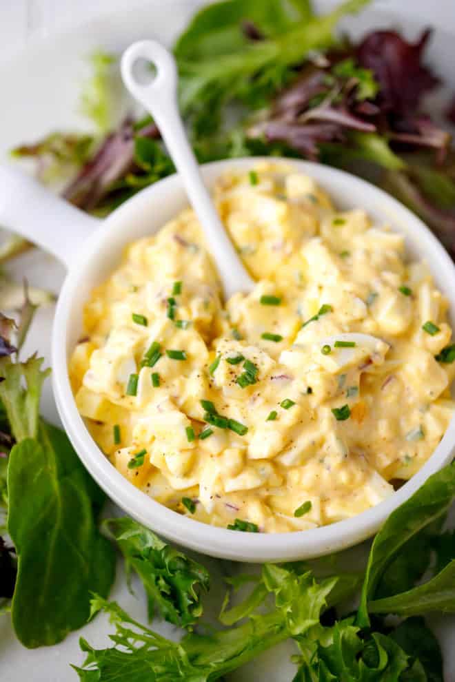 egg salad in a white bowl