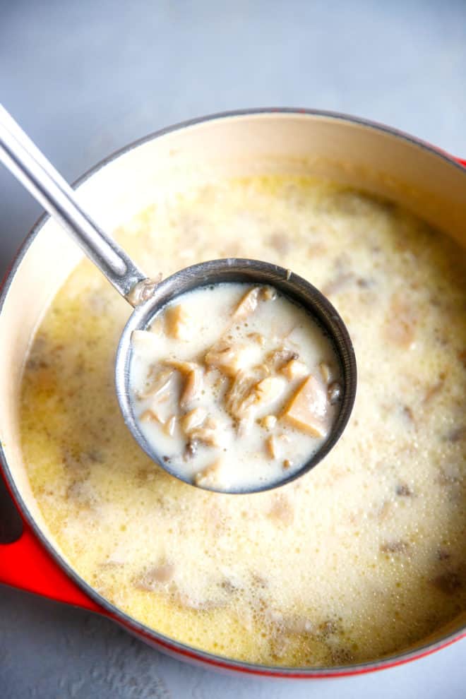 Oyster mushroom soup in a pot