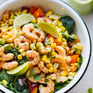 Tequila lime shrimp salad in a white bowl