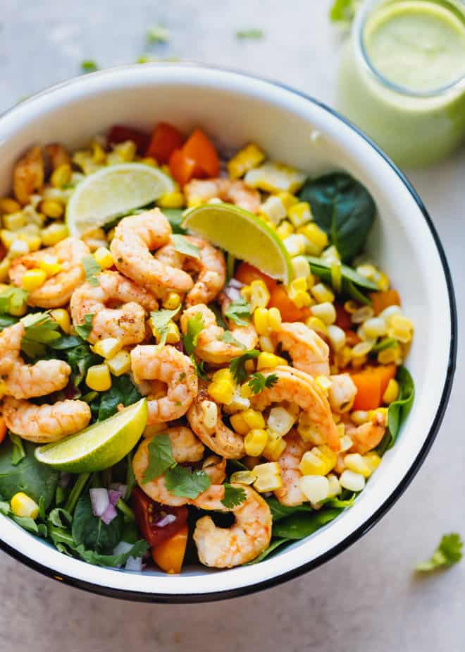 Tequila lime shrimp salad in a white bowl