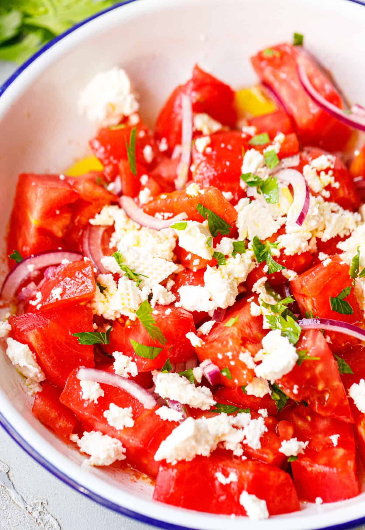 Tomato salad with feta, red onion, and parsley in a white enamel bowl