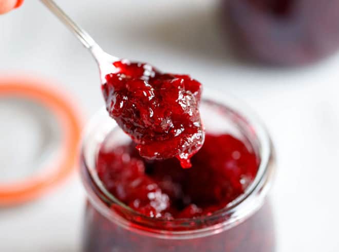 cherry jam on a spoon