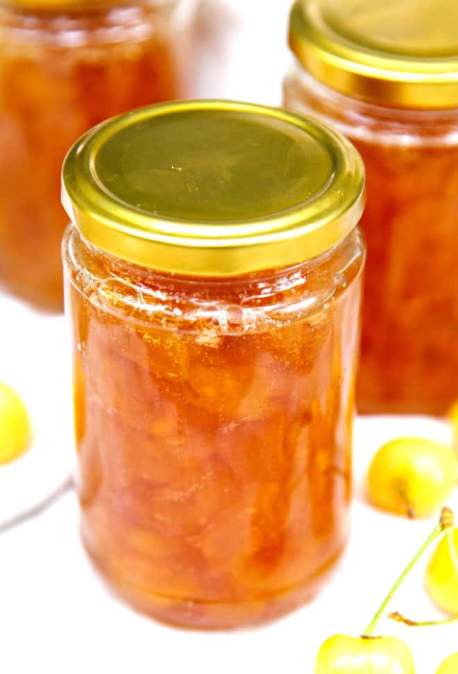 Rainier cherry jam in a jar