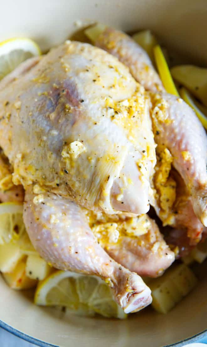 raw whole chicken with marinade in a pan