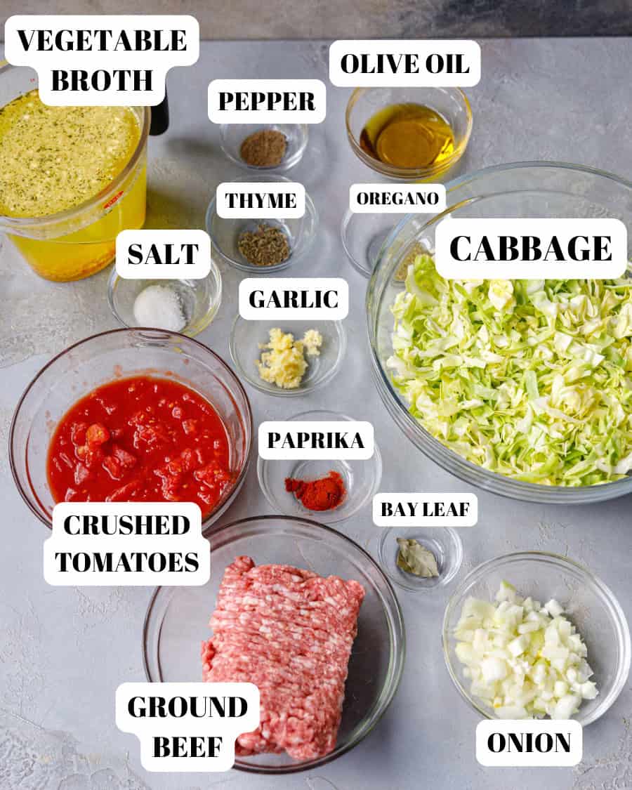 Clear glass bowls with ingredients needed to make Keto Cabbage Soup