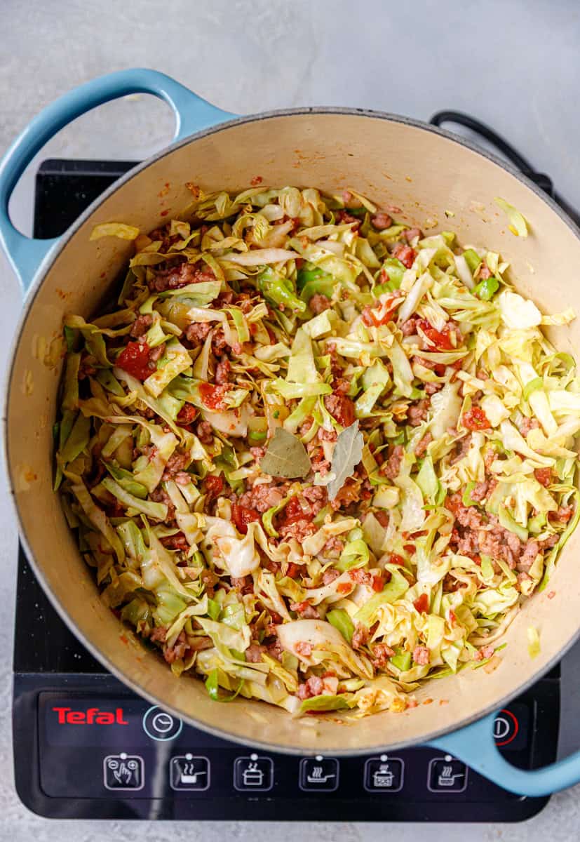 Cabbage, ground beef, onion, seasoning and crushed tomatoes in a pot for making Cabbage soup