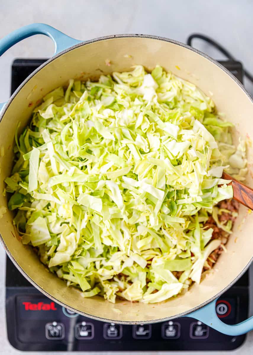 A pot with ground beef, tomatoes and chopped cabbage in a cooking pot.