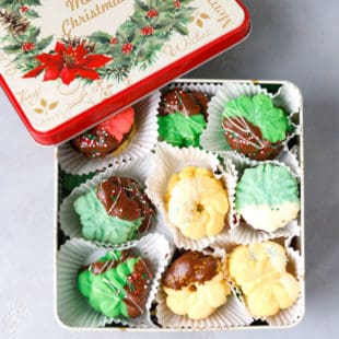 Spritz butter cookies in a Christmas box
