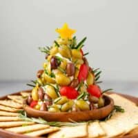 Christmas tree cheese ball covered with olives