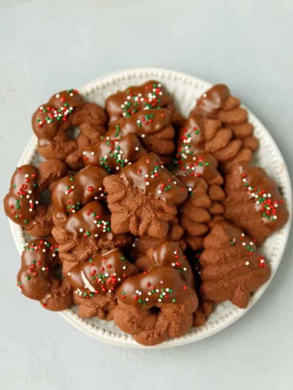 Oxo press chocolate spritz cookies on a plate