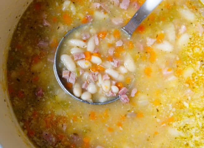 white bean and ham soup in a pot