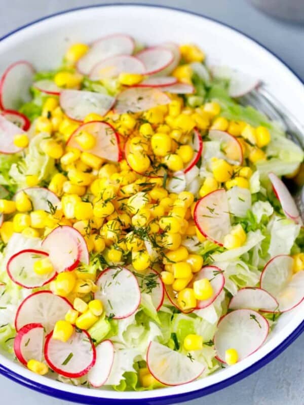 Iceberg corn and radishes in a bowl