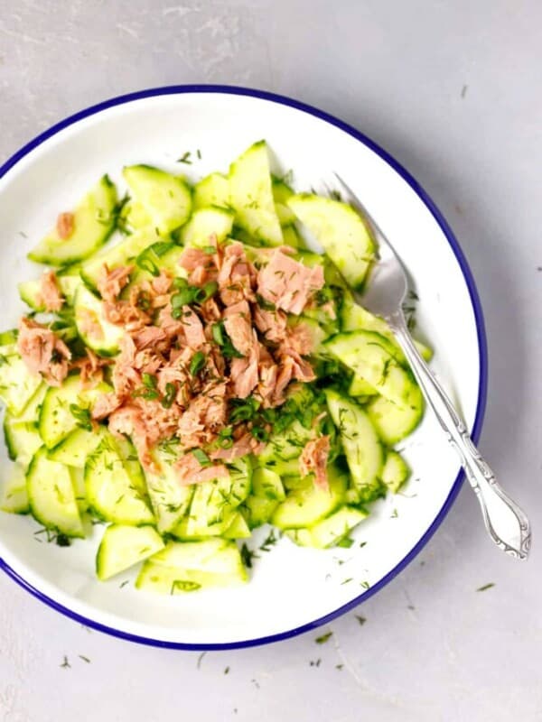 A bowl with tuna cucumber dill salad and fork inside.