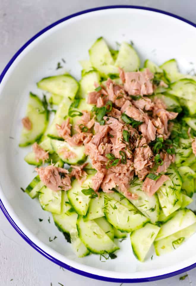 A white bowl with blue rim and tuna cucumber salad inside