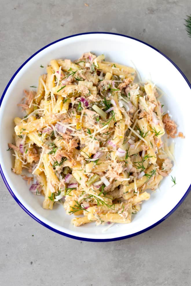 canned tuna pasta in a white round metal bowl