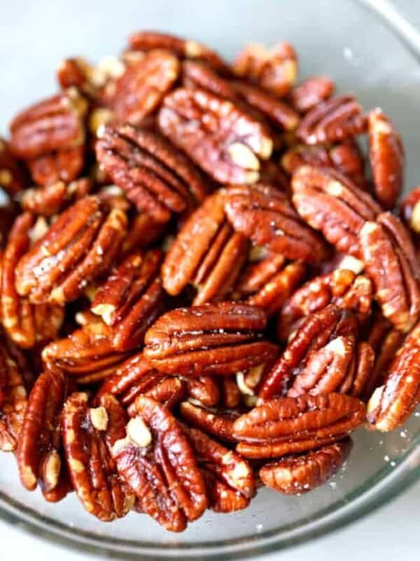 A glass bowl with Air Fryer pecans