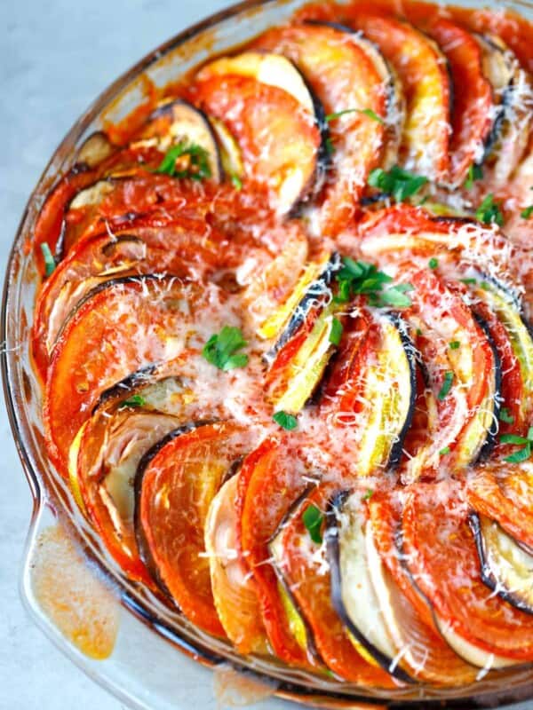 Baked layered ratatouille in a round dish