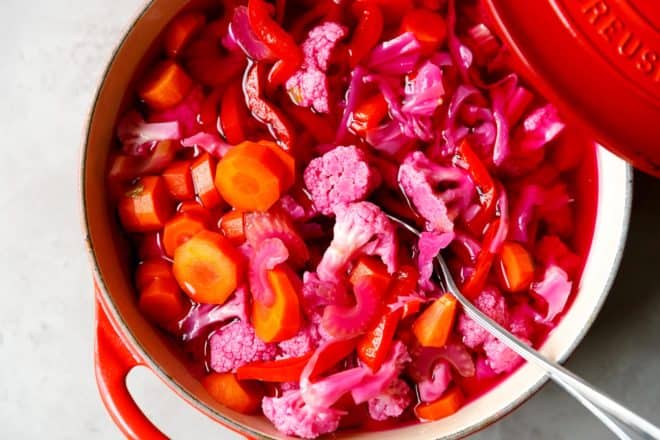 Quick pickled vegetables in a Dutch oven