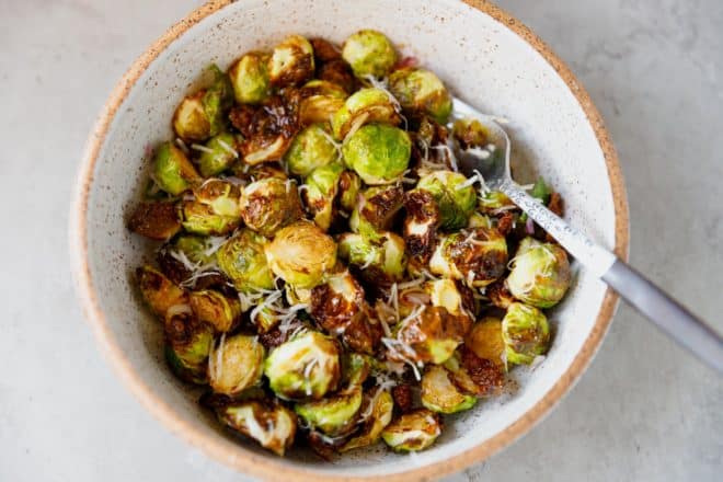 A bowl with Air Fryer Brussels Sprouts