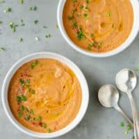 Two bowls of roasted eggplant soup