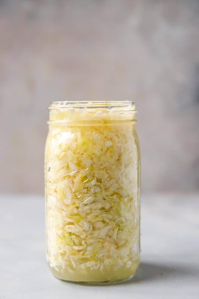 A jar with fermented cabbage