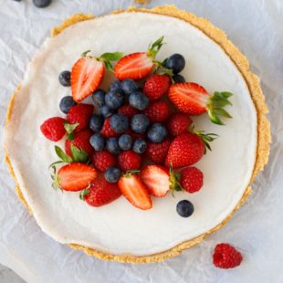 Dairy free cheesecake topped with berries