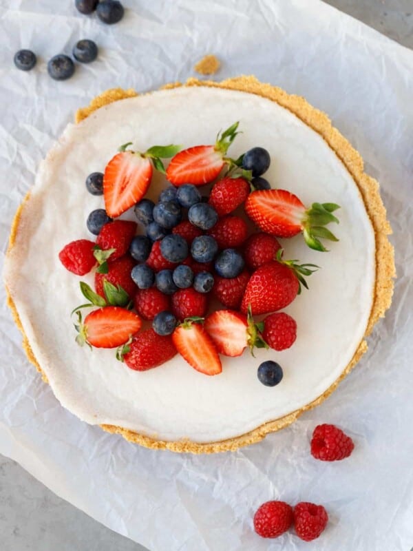 Dairy free cheesecake topped with berries
