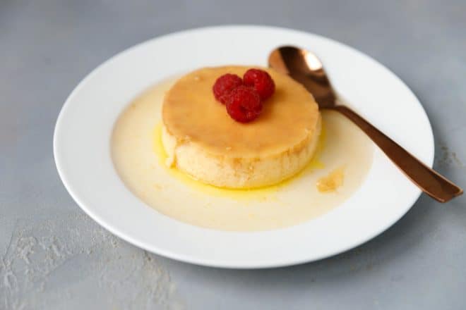 Keto Flan inverted onto a white plate
