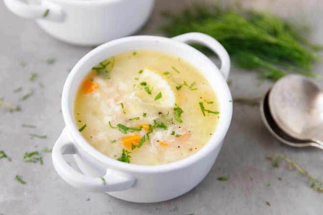 Greek Fish Soup in a white bowl