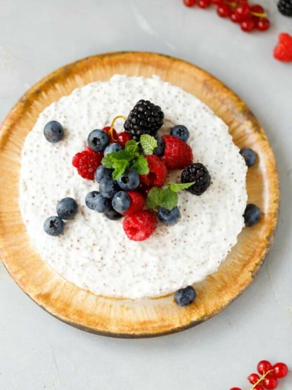 Chia cheesecake on a brown plate