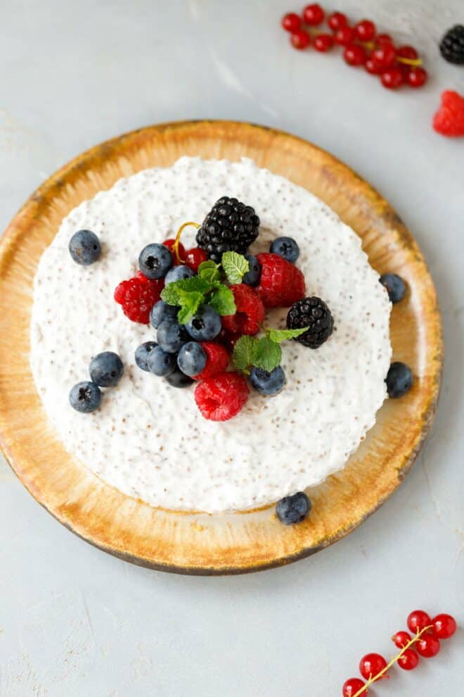 Chia cheesecake on a brown plate