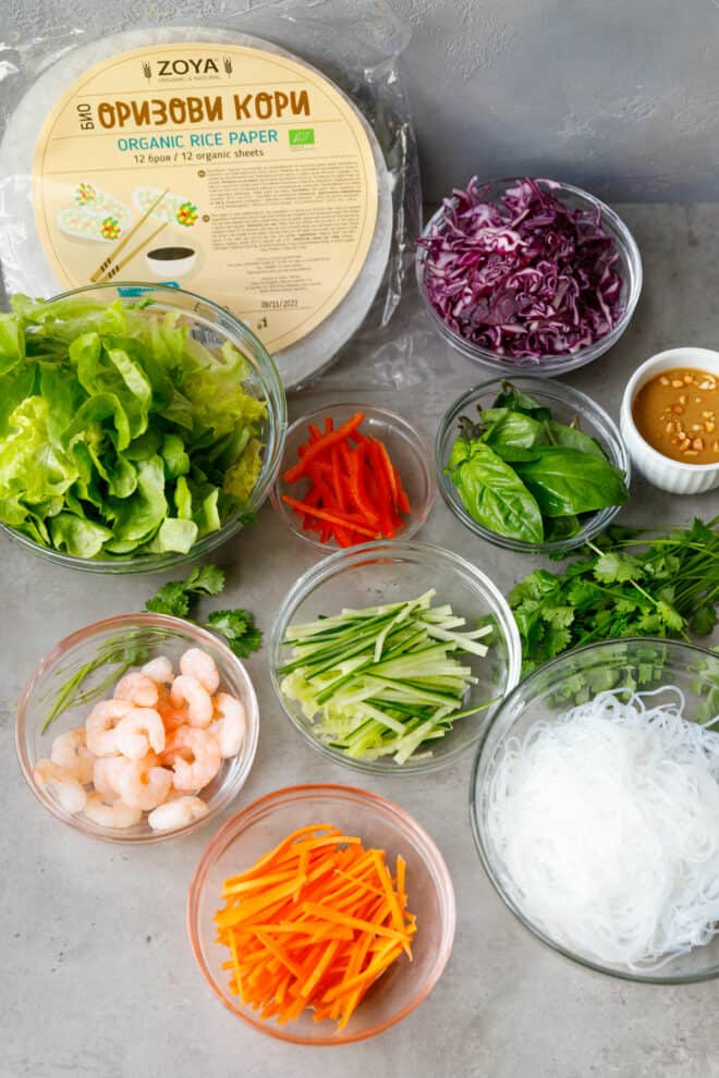 Ingredients necessary to make fresh shrimp spring rolls with peanut sauce