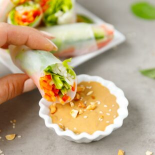 A hand holding Fresh spring rolls with peanut sauce