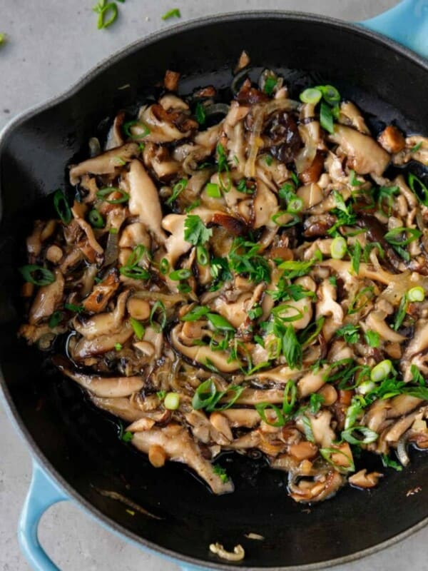 Shiitake mushrooms in a cast iron pan