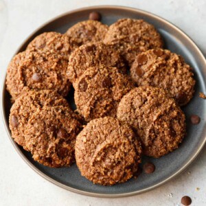 Chewy chocolate oat bran cookies on a plate