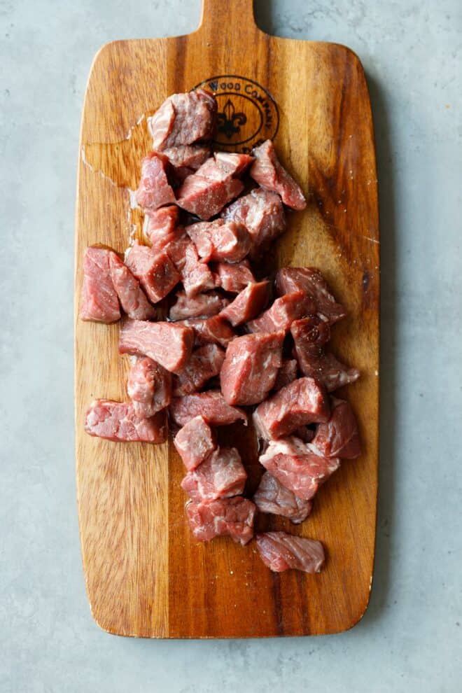 Steak bites on a cutting board