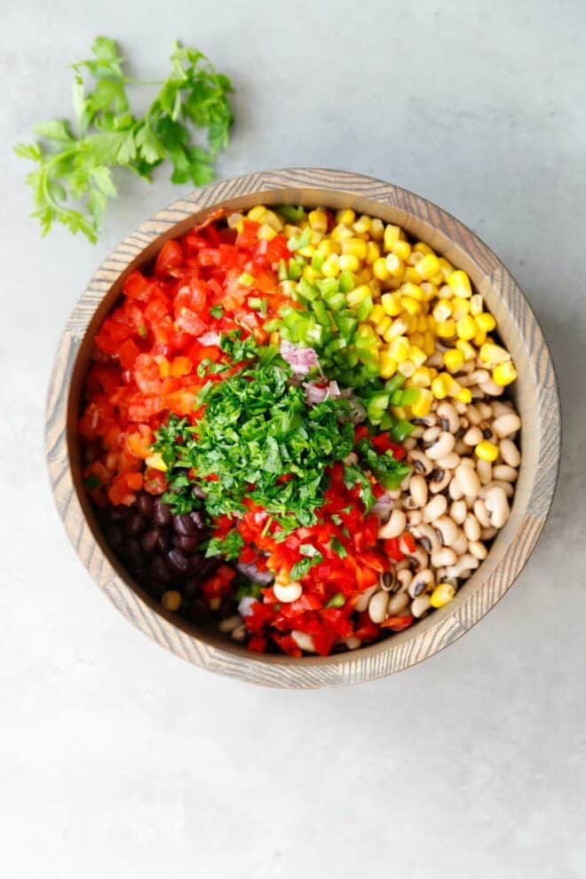 A bowl with ingredients for Cowboy Caviar