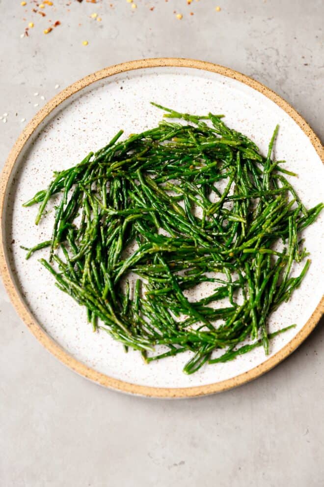 Sea Asparagus in a speckled bowl