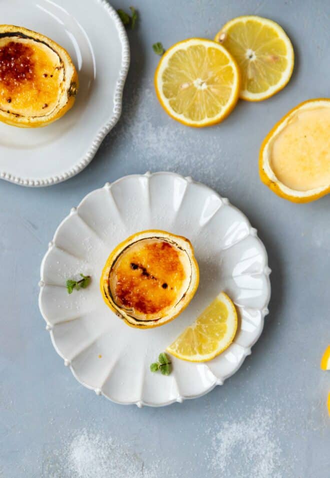 Lemon Creme Brûlée in a lemon shell on a plate
