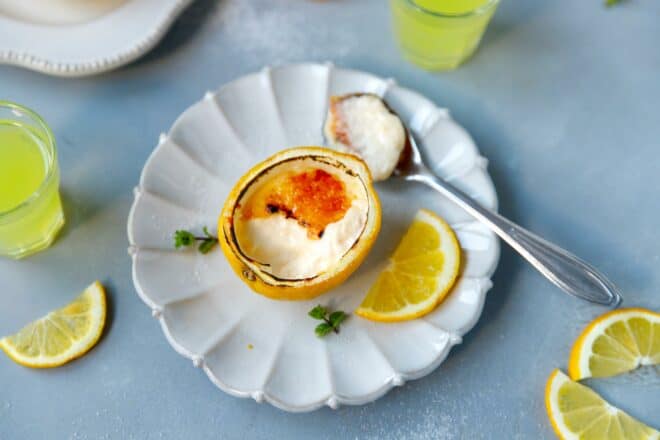 Lemon Creme Brulee in a lemon shell on a plate