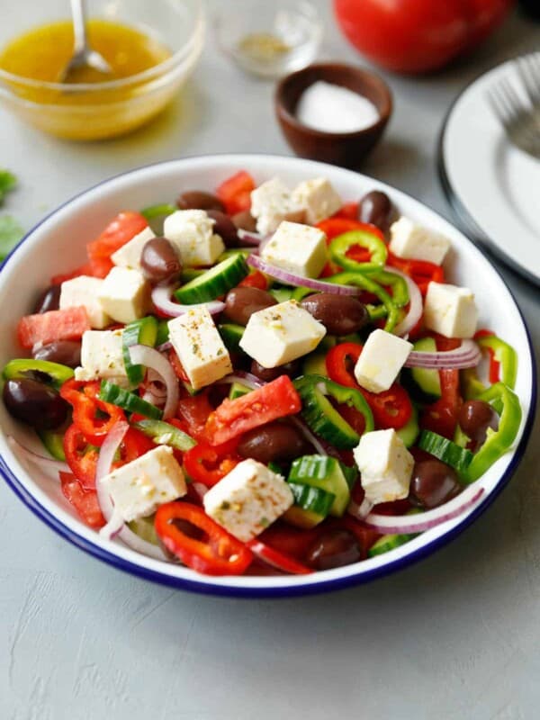 Greek Salad in Enamelware bowl