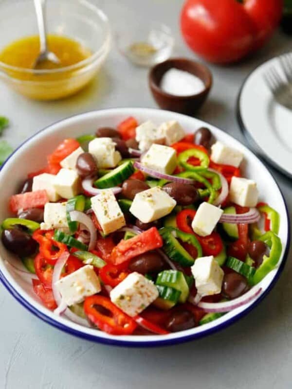 Greek Salad in Enamelware bowl