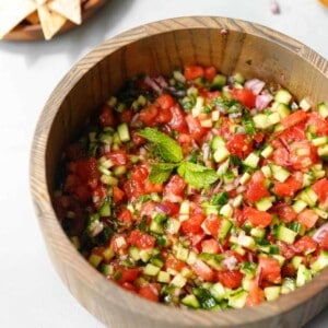 Shirazi salad in a wooden bowl