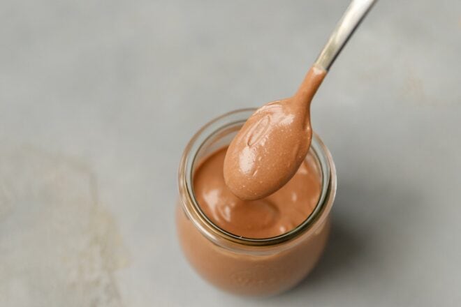 Cottage cheese chocolate mousse in a glass jar