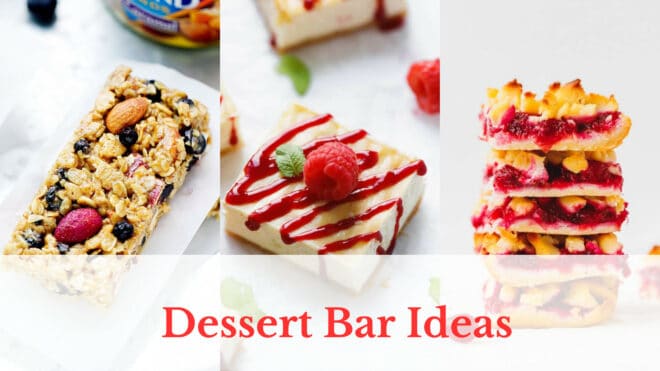 A collection of sweet dessert bar recipes for the holidays, photo of cheesecake bar, granola bar and Keto shortbread cranberry bar