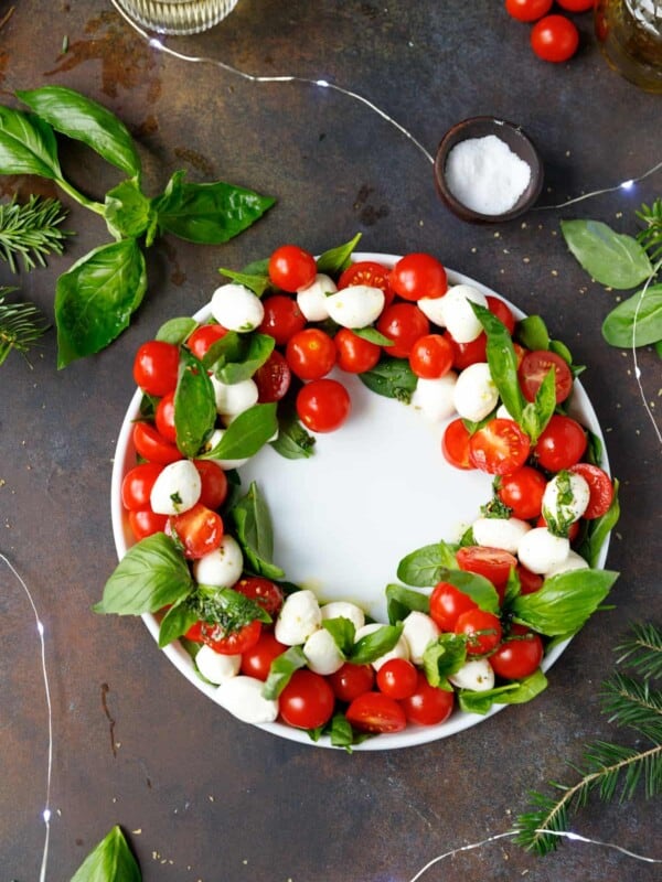 Caprese Wreath on a white platter