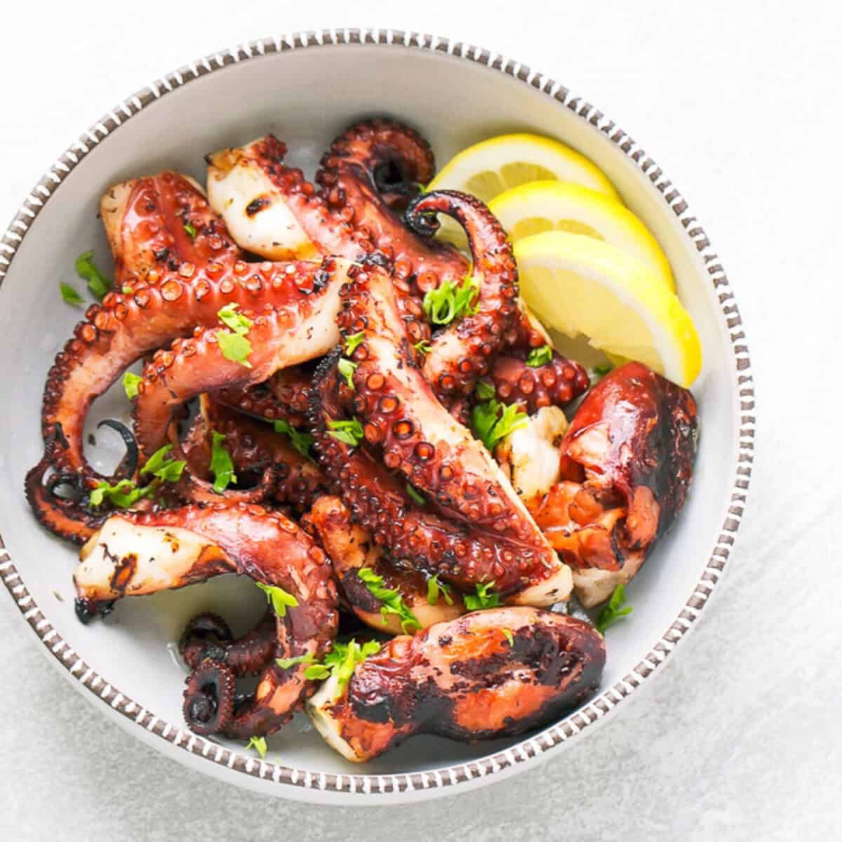 Grilled octopus in a bowl