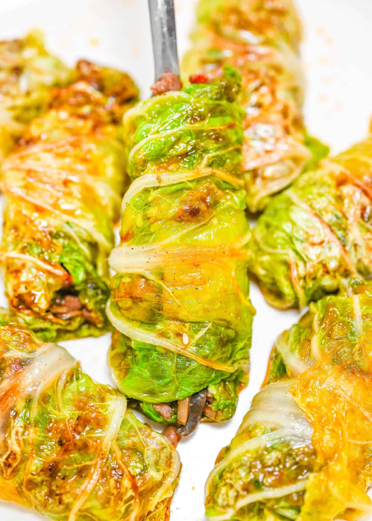 Plate of golden pan-seared napa cabbage rolls topped with savory chili garlic sauce and sesame seeds, served with fresh cherry tomatoes.